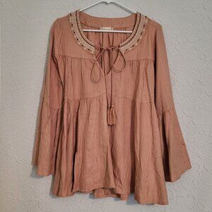 Altar’d State Blush Pink Embroidered Beaded Top w/Bell Sleeves Women's Medium